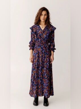 ATELIER REVE irlea dress Long Blue Floral V-Neck Maxi Dress NWT